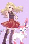  1girl blonde_hair breasts closed_mouth highres long_hair looking_at_viewer minapo pokemon pokemon_(creature) pokemon_special red_skirt simple_background skirt y_na_gaabena 