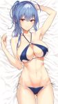  1girl ahoge armpits ass_visible_through_thighs azur_lane bed_sheet bikini blue_bikini blue_hair breasts cleavage cowboy_shot hand_behind_head highres hiiragi_yuuichi large_breasts lying o-ring o-ring_top on_back on_bed purple_eyes saint-louis_(azur_lane) sidelocks skindentation smile st._louis_(azur_lane) swimsuit 