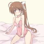  1girl ahoge arm_support blush breasts brown_hair cleavage clothes_pull kneeling lingerie lyrical_nanoha mahou_shoujo_lyrical_nanoha_strikers medium_breasts purple_eyes shirogane_(fox) solo takamachi_nanoha underwear 