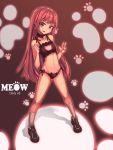  1girl animal_print black_bra black_footwear black_panties bra breasts cat_bra cat_lingerie cat_panties cat_print clyde_s korean_text long_hair meme_attire navel original panties print_panties red_eyes red_hair small_breasts smile solo underwear v white_legwear 