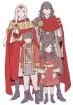  1boy 3girls arm_around_shoulder arm_behind_back blue_eyes boots byleth_(fire_emblem) byleth_(fire_emblem)_(female) cape edelgard_von_hresvelg eyebrows_visible_through_hair family fire_emblem fire_emblem:_three_houses formal green_hair highres mother_and_daughter mother_and_son multiple_girls purple_eyes radiostarkiller red_cape silver_hair simple_background smile standing tiara white_background wife_and_wife 