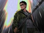  1boy agnieszka_grochalska black-framed_eyewear black_eyes black_hair building closed_mouth dorohedoro dripping glasses green_jacket holding holding_railing injury jacket male_focus outdoors railing rain solo twitter_username wet 