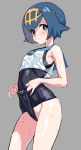  1girl absurdres blue_eyes blue_hair blue_swimsuit blush bright_pupils grey_background highres looking_at_viewer mx2j_(nsh6394) one-piece_swimsuit pokemon pokemon_(game) pokemon_sm school_swimsuit shiny shiny_clothes shiny_hair shiny_skin short_hair simple_background solo standing suiren_(pokemon) swimsuit swimsuit_pull swimsuit_under_clothes trial_captain wet 