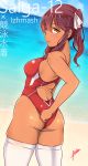  1girl aiuchi ass bangs beach brown_hair character_name commentary_request competition_swimsuit dark_skin from_behind girls_frontline highres long_hair looking_at_viewer looking_back one-piece_swimsuit outdoors ponytail red_swimsuit saiga-12_(girls_frontline) signature solo swimsuit tan twisted_torso white_legwear yellow_eyes 