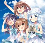  4girls absurdres akatsuki_(kantai_collection) binoculars black_hair blue_eyes blue_headwear blue_sky brown_eyes brown_hair casual cloud commentary_request cowboy_shot day dixie_cup_hat dress folded_ponytail hat hibiki_(kantai_collection) highres hizuki_yayoi ikazuchi_(kantai_collection) inazuma_(kantai_collection) kantai_collection long_hair military_hat multiple_girls one_eye_closed outdoors pleated_skirt purple_eyes sailor_collar sailor_shirt shirt short_hair silver_hair skirt sky sleeveless sleeveless_dress smile white_headwear white_skirt 