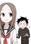  &gt;:) 1boy 1girl absurdres arms_at_sides black_hair brown_eyes brown_hair buttons collarbone collared_shirt commentary high_collar highres karakai_jouzu_no_takagi-san long_hair motion_lines nishikata parted_hair ribbon school_uniform serafuku shirt simple_background smile sneaking spiked_hair sweatdrop takagi-san white_background yamamoto_souichirou 