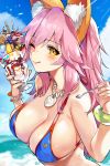  1girl alraco animal_ear_fluff animal_ears bangs bare_shoulders beach bikini blue_bikini blue_bikini_top blue_sky blush bracelet breasts cleavage cloud dessert eyebrows_visible_through_hair fate/grand_order fate_(series) food fox_ears fox_girl fruit halterneck highres holding holding_spoon ice_cream jewelry large_breasts licking_lips long_hair looking_at_viewer necklace one_eye_closed parfait pink_hair shore sideboob sky spoon strawberry swimsuit tamamo_(fate)_(all) tamamo_no_mae_(fate) tongue tongue_out wafer water waves yellow_eyes 