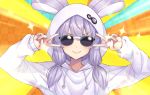  &gt;:) 1girl animal_ears animal_hood bangs blush bunny_ears bunny_hood closed_mouth commentary_request double_v emotional_engine_-_full_drive eyebrows_visible_through_hair facing_viewer fake_animal_ears hair_between_eyes hands_up hood hood_up hoodie long_hair long_sleeves low_twintails nail_polish purple_hair purple_nails sleeves_past_wrists smile solo sparkle sunglasses tenneko_yuuri twintails v v-shaped_eyebrows v_over_eye voiceroid white_hoodie yuzuki_yukari 