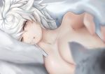  1girl absurdres bed blush braid breasts cat hair_ornament highres kantai_collection large_breasts long_hair looking_at_viewer lying on_side sick silver_hair single_braid terebi- thermometer unryuu_(kantai_collection) yellow_eyes 