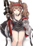  1girl absurdres angelina_(arknights) animal_ears arknights bangs blush breasts brown_hair cleavage gloves hairband highres holding holding_staff horse_ears jacket kongthegrain long_hair off_shoulder open_mouth red_eyes shorts sitting solo staff sweat tongue tongue_out touhou very_long_hair 