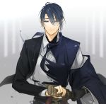  1boy absurdres blazer blue_eyes blue_hair coma_(macaron) formal gloves highres jacket japanese_clothes katana male_focus mikazuki_munechika ready_to_draw single_glove smile suit sword torn_clothes touken_ranbu weapon 