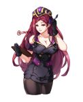  1girl alternate_costume black_gloves breasts cleavage clipboard closed_mouth conope fire_emblem fire_emblem_heroes gloves hat holding holding_pen large_breasts loki_(fire_emblem) long_hair pantyhose pen purple_eyes purple_hair simple_background solo twitter_username white_background 