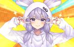  &gt;:) 1girl animal_ears animal_hood bangs blush bunny_ears bunny_hood closed_mouth double_v emotional_engine_-_full_drive eyebrows_visible_through_hair fake_animal_ears hair_between_eyes hands_up hood hood_up hoodie long_hair long_sleeves looking_at_viewer low_twintails nail_polish purple_eyes purple_hair purple_nails sleeves_past_wrists smile solo sparkle tenneko_yuuri twintails v v-shaped_eyebrows v_over_eye voiceroid white_hoodie yuzuki_yukari 