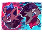  alternate_color blue_eyes brown_eyes commentary crayonchewer creature english_commentary face gen_5_pokemon grin no_humans pokemon pokemon_(creature) shiny_pokemon signature smile two-tone_background zorua 