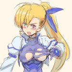  1girl ahoge angry asymmetrical_bangs bangs blonde_hair blue_ribbon blush bodysuit breasts gloves green_eyes hair_ribbon heterochromia long_hair lyrical_nanoha mahou_shoujo_lyrical_nanoha_strikers medium_breasts open_mouth ponytail red_eyes ribbon shirogane_(fox) side_ponytail sketch solo tearing_clothes tearing_up torn_clothes upper_body v-shaped_eyebrows vivio 