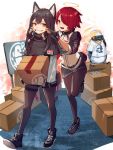  2girls :d animal animal_ears arknights bird black_capelet black_footwear black_hair black_legwear black_shorts black_skirt box brown_eyes capelet cardboard_box cheek_pull clenched_teeth exusiai_(arknights) full_body halo high_collar highres holding holding_box id_card jacket long_hair long_sleeves looking_at_another looking_at_viewer microskirt multiple_girls nima_(niru54) open_mouth penguin pouch raglan_sleeves red_eyes red_hair shadow shirt shoes short_hair short_shorts short_sleeves shorts skirt smile sneakers standing standing_on_one_leg t-shirt teeth texas_(arknights) the_emperor_(arknights) thigh_strap white_jacket white_shirt wolf_ears 