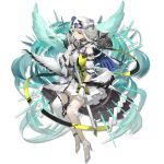  1girl arknights bangs bare_shoulders bibeak_(arknights) bird blue_flower blue_rose capelet dress elite_ii_(arknights) eyebrows_visible_through_hair flower gloves green_dress grey_eyes hair_flower hair_ornament high_heels holding holding_sword holding_weapon long_hair looking_at_viewer low_wings official_art puffy_short_sleeves puffy_sleeves rayvon rose scabbard sheath short_sleeves silver_hair solo sword thigh_strap transparent_background weapon white_footwear white_gloves wings 