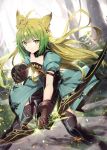  1girl animal_ear_fluff animal_ears atalanta_(fate) backlighting bangs black_legwear bow_(weapon) braid brown_gloves brown_hair cat_ears closed_mouth commentary_request day dress eyebrows_visible_through_hair fate/apocrypha fate_(series) gabiran gloves gradient_hair green_dress green_eyes green_hair holding holding_bow_(weapon) holding_weapon long_hair looking_at_viewer multicolored_hair outdoors puffy_short_sleeves puffy_sleeves short_sleeves solo sunlight thighhighs tree v-shaped_eyebrows very_long_hair weapon 