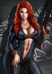  1girl abs avengers black_bodysuit black_widow bodysuit bra breasts cleavage dandon_fuga graffiti green_eyes gun highres lace lace-trimmed_bra lace-trimmed_panties large_breasts long_hair looking_at_viewer marvel muscle muscular_female natasha_romanoff navel open_bodysuit open_clothes panties red_hair rifle shell_casing skin_tight smile stomach underwear undressing unzipping weapon 