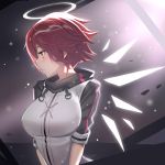  1girl arknights bangs blush breasts commentary exusiai_(arknights) halo highres jacket large_breasts light_particles profile raglan_sleeves red_eyes red_hair short_hair short_sleeves solo team_moka upper_body white_jacket 