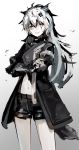  1girl aa_(sin2324) animal_ear_fluff animal_ears arknights arm_guards bangs black_jacket black_shorts brown_eyes commentary_request crossed_arms eyebrows_visible_through_hair gradient gradient_background grey_background grey_hair hair_between_eyes hair_ornament hairclip highres jacket lappland_(arknights) long_hair long_sleeves parted_lips scar scar_across_eye short_shorts shorts sketch smile solo very_long_hair white_background 