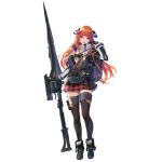  1girl :d ankle_boots arknights bagpipe_(arknights) bangs black_footwear black_gloves black_legwear boots eyebrows_visible_through_hair full_body gloves grey_jacket hand_up head_tilt highres horns jacket lance long_hair long_sleeves looking_at_viewer miniskirt official_art open_mouth orange_hair plaid plaid_skirt polearm pouch purple_eyes red_skirt skirt smile solo standing thighhighs transparent_background u_jie very_long_hair weapon zettai_ryouiki 