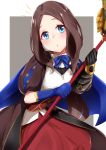  1girl absurdres bangs blue_cape blue_eyes blue_gloves blush border breasts brown_dress brown_hair cape dress elbow_gloves fate/grand_order fate_(series) forehead gauntlets gloves grey_background highres leonardo_da_vinci_(fate/grand_order) leonardo_da_vinci_(rider)_(fate) long_hair looking_at_viewer nanakaku open_mouth parted_bangs puff_and_slash_sleeves puffy_short_sleeves puffy_sleeves red_skirt short_sleeves single_gauntlet skirt solo staff white_border 