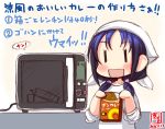  1girl alternate_costume artist_logo bandana blue_hair box commentary_request curry dated food kanon_(kurogane_knights) kantai_collection long_hair low_twintails oven ribbon shirt simple_background sleeves_rolled_up smile solo standing suzukaze_(kantai_collection) translation_request twintails upper_body white_background white_shirt ||_|| 