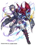  1boy belt black_coat black_gloves black_legwear boots closed_mouth coat fire gloves grey_hair gun highres holding holding_gun holding_weapon male_focus official_art purple_scarf renta_(deja-vu) scarf simple_background smile solo thousand_memories weapon white_background yellow_eyes 