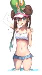  1girl blush breasts brown_hair cleavage collarbone double_bun eyebrows_visible_through_hair highres long_hair looking_at_viewer medium_breasts mei_(pokemon) navel open_mouth pokemon pokemon_(creature) ranf smile snivy 