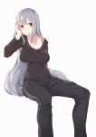  1girl alternate_costume arknights arm_behind_back bangs black_pants black_shirt blush bra_strap breasts casual closed_mouth collarbone expressionless feet_out_of_frame hand_on_own_cheek highres inniyik invisible_chair large_breasts long_hair long_sleeves pants red_eyes shirt silver_hair simple_background sitting skadi_(arknights) solo track_pants very_long_hair white_background 
