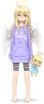  1girl :o ahoge angel angel_wings arms_at_sides bangs barefoot bike_shorts blonde_hair casual character_doll clothes_writing collarbone dot_nose drawstring expressionless eyebrows_visible_through_hair eyes_visible_through_hair feathered_wings feathers full_body hair_between_eyes halo holding hood hood_down hoodie legs_apart long_hair looking_at_viewer open_mouth original pigeon-toed pocket purple_hoodie shorts solo standing striped striped_bike_shorts toes wavy_hair wings yellow_eyes yuyuzuki_(yume_usagi) 