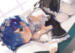  bed blue_eyes blue_hair blush breast_hold breasts cleavage headband maid matsui_hiroaki pantyhose re:zero_kara_hajimeru_isekai_seikatsu rem_(re:zero) short_hair 