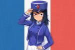  1girl absurdres adjusting_clothes adjusting_hat andou_(girls_und_panzer) bangs bc_freedom_(emblem) bc_freedom_military_uniform black_hair blue_headwear blue_jacket blue_vest brown_eyes closed_mouth commentary dark_skin dress_shirt emblem flag_background french_flag girls_und_panzer half-closed_eyes hand_on_hip hat high_collar highres jacket kepi long_sleeves looking_at_viewer medium_hair messy_hair military military_hat military_uniform shadow shirt smile solo uniform upper_body vest white_shirt yousan00 