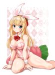  1girl animal_ears bare_legs blonde_hair bow bowtie breasts bunny_ears bunny_girl bunny_tail bunnysuit carrot cleavage detached_collar green_eyes highres huyusilver large_breasts leotard long_hair original pink_leotard plaid plaid_background solo strapless strapless_leotard tail wrist_cuffs 