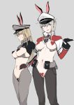  2girls absurdres alternate_costume animal_ears bangs bismarck_(kantai_collection) black_gloves black_legwear blonde_hair blue_eyes blush breasts brown_gloves bunny_ears bunny_tail capelet elbow_gloves eyebrows_visible_through_hair fake_animal_ears gloves graf_zeppelin_(kantai_collection) grey_background grey_legwear hand_on_hip hat heart_pasties highres iron_cross kantai_collection large_breasts long_hair long_sleeves maebari multiple_girls open_mouth pantyhose pasties peaked_cap reverse_bunnysuit reverse_outfit simple_background sweat tail touyama_eight twintails wavy_mouth 