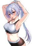  1girl adjusting_hair bike_shorts blush breasts character_request copyright_request dutch_angle grey_hair hands_in_hair harimoji medium_breasts mouth_hold navel orange_eyes ponytail ribbon ribbon_in_mouth sideboob sports_bra white_background 