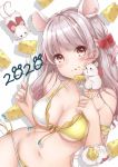  1girl 2020 animal_ears bangs bare_shoulders bikini blush bow breasts cheese chinese_zodiac cleavage collarbone commentary_request eyebrows_visible_through_hair food food_on_face fork hair_bow highres knife long_hair looking_at_viewer mikujin_(mikuzin24) mouse mouse_ears navel original red_bow red_eyes swimsuit tongue tongue_out white_bikini yellow_bikini 