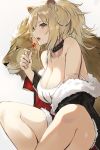  1girl animal animal_ears arknights bare_shoulders black_nails blonde_hair blush breasts candy cleavage collar collarbone food fur_trim grey_background highres large_breasts legs lion lion_ears lollipop looking_at_viewer nail_polish off_shoulder open_mouth ponytail seon_(seonon_) short_hair siege_(arknights) simple_background sitting solo yellow_eyes 