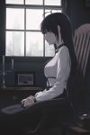  1girl antenna_hair bell black_hair brown_eyes candle chair choker closed_mouth day expressionless from_side hiera12 indoors long_hair long_sleeves looking_away neck_bell original sitting solo very_long_hair window 