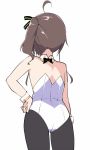  1girl ahoge ass bow brown_hair bunnysuit commentary detached_collar facing_away hair_bow hand_on_hip hololive matsuri_channel natsuiro_matsuri pantyhose side_ponytail solo tera_zip too_literal virtual_youtuber wardrobe_error white_background you&#039;re_doing_it_wrong 