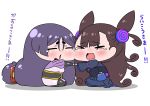  &gt;_&lt; 2girls absurdres brown_hair cheek-to-cheek chibi closed_eyes double_bun fate/grand_order fate_(series) highres long_hair minamoto_no_raikou_(fate/grand_order) multiple_girls murasaki_shikibu_(fate) open_mouth purple_hair rei_(rei_rr) seiza sitting tears translated very_long_hair wavy_mouth 