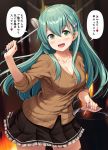  1girl :d blush breasts brown_skirt brown_sweater buttons cleavage collarbone commentary_request cowboy_shot eyebrows_visible_through_hair fingernails green_eyes green_hair hair_between_eyes heart highres holding holding_ladle ichikawa_feesu kantai_collection ladle large_breasts long_hair long_sleeves open_mouth pleated_skirt remodel_(kantai_collection) skirt smile solo speech_bubble suzuya_(kantai_collection) sweater translated 