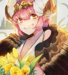  1girl bangs bouquet breasts circe_(fate/grand_order) cleavage commentary_request eyebrows_visible_through_hair fate/grand_order fate_(series) flower grin hair_wings highres holding holding_flower looking_at_viewer pink_hair pointy_ears portrait short_hair sidelocks small_breasts smile solo teeth tengu_style wings yellow_eyes 