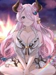  1girl backlighting bare_arms bare_legs bare_shoulders bikini black_ribbon blue_eyes blush breasts cleavage closed_mouth collarbone double_bun draph frilled_bikini frills granblue_fantasy grey_shirt gyoju_(only_arme_nim) hair_over_one_eye highres horns indian_style jewelry large_breasts lens_flare long_hair narmaya_(granblue_fantasy) navel off_shoulder open_clothes open_shirt pink_hair pointy_ears rainbow ribbon see-through shirt side-tie_bikini single_earring sitting smile solo swimsuit very_long_hair water white_bikini 