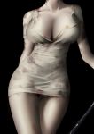 1girl absurdres black_background blood bloody_clothes breasts bubble_head_nurse cleavage commentary covered_nipples dress_shirt head_out_of_frame higandgk highres large_breasts shirt short_sleeves silent_hill simple_background solo thigh_gap thighs upper_body white_shirt wing_collar 