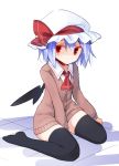  1girl black_legwear black_wings blue_hair brown_sweater full_body hat kazeharu long_sleeves looking_at_viewer mob_cap no_shoes red_eyes red_neckwear remilia_scarlet shirt short_hair sitting solo sweater thighhighs touhou wariza white_headwear white_shirt wings zettai_ryouiki 