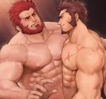  2boys abs bara beard biceps blue_eyes blush brown_hair chest facial_hair fate/grand_order fate/zero fate_(series) highres jang_ju_hyeon looking_at_another male_focus manly multiple_boys muscle napoleon_bonaparte_(fate/grand_order) nipples nude pectoral_press pectorals red_hair rider_(fate/zero) scar simple_background smile upper_body veins 