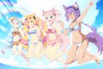  4girls animal_ears aosora_neko bikini bikini_skirt blue_eyes blue_hair blush breasts brown_eyes cat_ears cat_tail cleavage closed_eyes cloud delmin_(show_by_rock!!) drill_hair eyewear_on_head fang flower fox_ears fox_tail groin hair_flower hair_ornament hat holding_hands horns howan_(show_by_rock!!) kirara_jump large_breasts long_hair mashima_himeko_(show_by_rock!!) multicolored_hair multiple_girls navel ocean open_mouth orange_bikini outdoors pink_hair purple_hair rainbow ruhuyu_(show_by_rock!!) shiny shiny_hair show_by_rock!! sky small_breasts smile sparkle straw_hat striped striped_bikini sunglasses swimsuit swimwear tail twintails white_bikini 