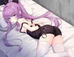  1girl ahoge arms_behind_back azur_lane bed bed_sheet blue_eyes blush bound bound_arms bow breasts chain collar commentary_request cuffs eyebrows_visible_through_hair hair_bow handcuffs indoors long_hair looking_at_viewer lying on_stomach pillow ponytail purple_hair sidelocks skirt small_breasts solo strap_slip suspender_skirt suspenders tashkent_(azur_lane) thighhighs wall white_legwear yamasan 
